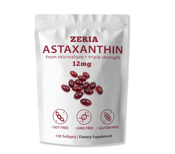 ZERIA Astaxanthin 12 mg, 150 Softgels, Microalgae Supplement