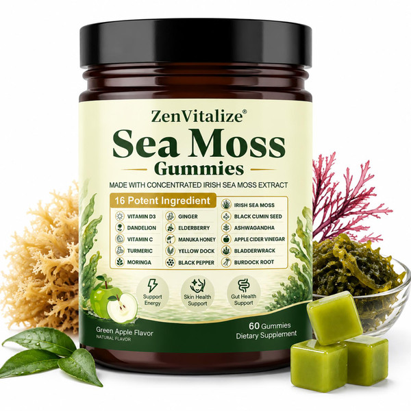ZenVitalize Sea Moss Gummies 16-in-1, Irish Sea Moss Supplement for Women & Men with Black Seed Oil, Ashwagandha, Bladderwrack, Burdock Root, Elderberry, Vitamins C & D3, 60 Count
