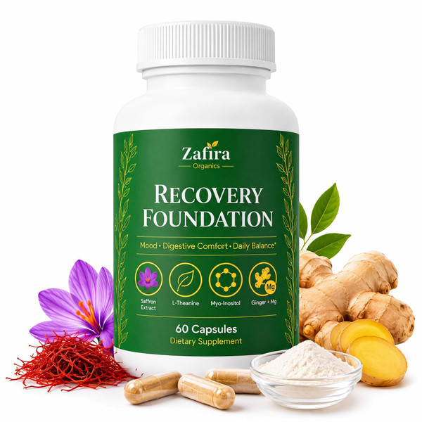 Zafira Organics Recovery Foundation - Saffron Extract & Myo-Inositol Supplement for Mood Support, Mental Clarity, Hair Health & Digestive Comfort w L-Theanine, Ginger & Magnesium - 60 Vegan Capsules