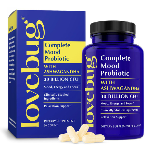 LOVEBUG Complete Mood Probiotic | 10 Clinically Studied Probiotic Strains & Patented Organic Ashwagandha for Cortisol and Serotonin Support | Natural Energy | Adaptogenic Stress-Defense | 30 Count