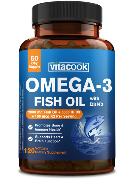 Vitacook Omega 3 Fish Oil 2000mg, with Vitamins D3 & K2 (MK-7), Omega 3 Fatty Acid Supplements 1100mg, EPA, DHA, from Fresh, Wild-Caught Fish, Bone, Heart, Brain & Immune Health Support, 120 Softgels