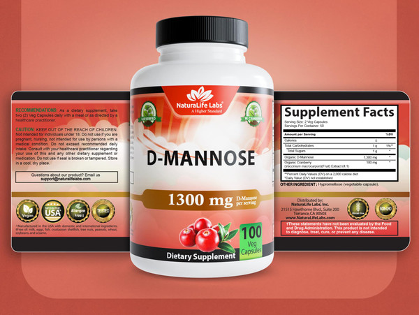 NaturaLife Labs Organic D-Mannose 1300mg + Organic Cranberry Extract 100mg – Urinary Tract Support – Non-GMO, Gluten-Free & Vegan – 100 Capsules (2 Pack)