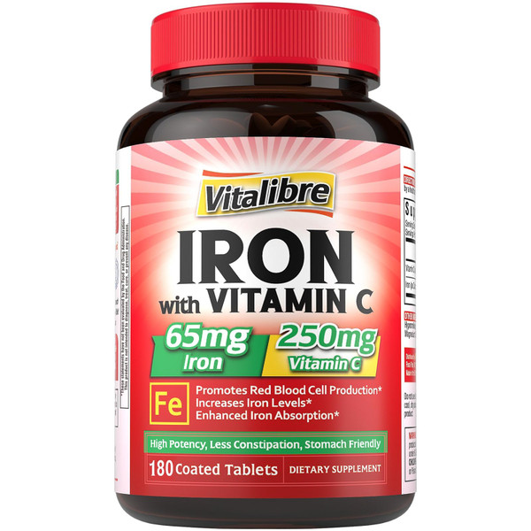 Iron Supplement, 65mg Carbonyl Iron with 250mg Vitamin C, Stomach Friendly