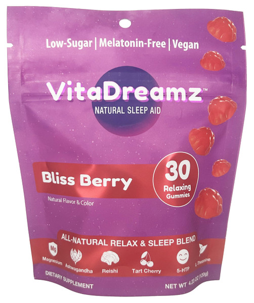 VitaDreamz Melatonin-Free Sleep Gummies | Magnesium, Ashwagandha, Tart Cherry & L-Theanine | Natural Calm & Restful Sleep Support | Vegan, 1g of Sugar - Bliss Berry | 30 Count