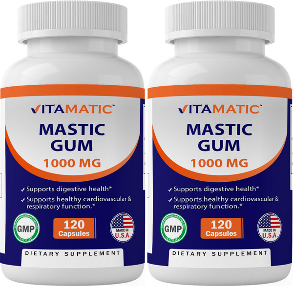 Vitamatic 2 Pack Mastic Gum 1000mg per Serving - Support Digestive Function, Gastrointestinal Health, Immune and Oral Wellness, Total 240 Capsules
