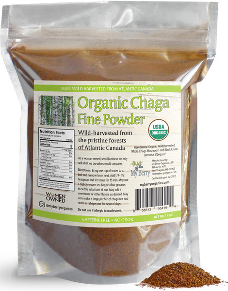 Organic Chaga Tea Fine Mushroom Powder by My Berry |100% Wild-Harvested from Atlantic Canada | 4oz | Herbal Tea | Raw Loose Powder | Additive-Free & Caffeine-Free