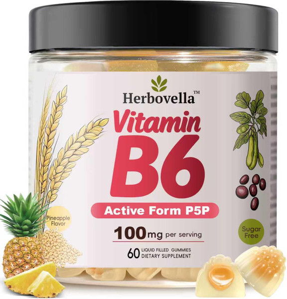 Herbovella Vitamin B6 Gummies 100mg, Vitamin B6 Supplement P5P for Energy & Nervous System, Sugar Free, Vegan, 60 Liquid-Filled Gummies.