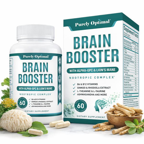 Purely Optimal Brain Booster Nootropic Supplement – Brain Support for Memory, Focus, Clarity, Jitter-Free Energy for Adults, Seniors– with Ginkgo Biloba, Alpha GPC, Lion’s Mane – 60 Capsules