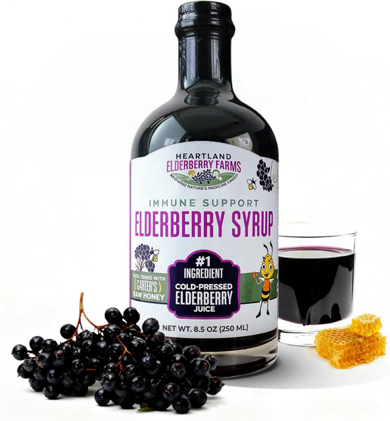 Heartland Organic Elderberry Syrup - Cold Pressed Elderberry Juice, Zero Water Added - Immune Support for Kids & Adults - Made with Raw Honey, Ginger, Cinnamon & Star Anise - 8.5 fl oz (250 ml)