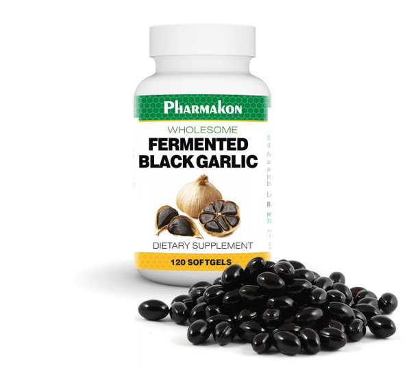 PHARMAKON Organic Aged Black Garlic, Bioavailable Soft Capsules, Wholesome, Reduced Odor (120 Count)