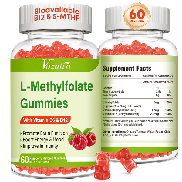 Vazatisi L-Methylfolate 15 mg Gummies with Methyl B12, Folate Supplement for Mood, Brain Health, Immune Support, Raspberry Flavor, 120 Count
