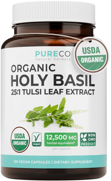 USDA Organic Holy Basil Supplement 500mg 25:1 Extract 1 Capsule Per Serving