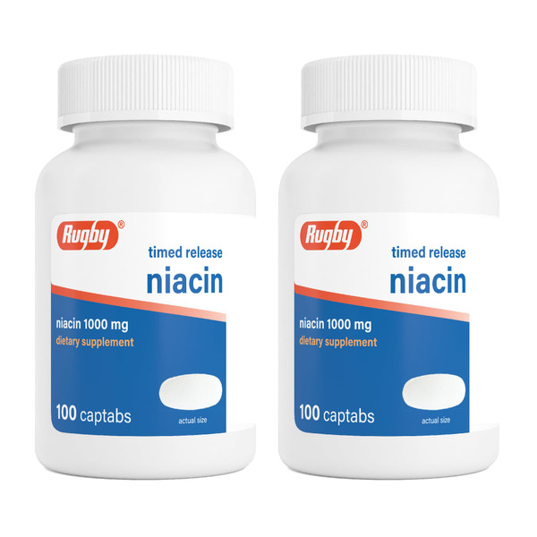 Rugby Timed-Release Niacin 1000mg Captabs for Adults, 100 Count (2-Pack)