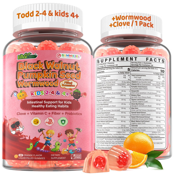 Toddler 2-4 & Kids 4+ Para Clean Gut Health Gummies for Children w/Wormwood, Black Walnut, Clove, Pumpkin Seeds, Vitamin C, D3, Zinc, Kids Natural Gut Cleanse Immune Support Digestive Supplement-60cts