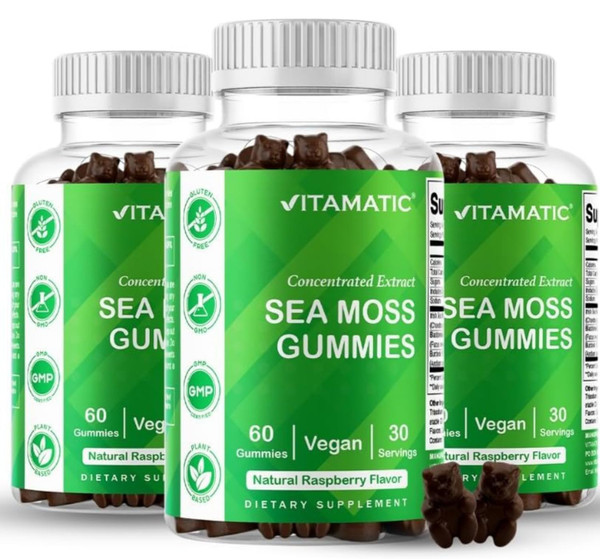 Vitamatic Irish Sea Moss Gummies with Bladderwrack & Burdock Root – Botanical Extract Supplement – Vegan, Non-GMO – 60 Count - 3 Pack