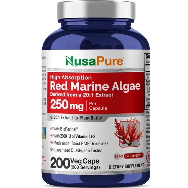 NusaPure Red Marine Algae Capsules, 250 mg, 200 Veg Capsules (Soy Free, Non-GMO)