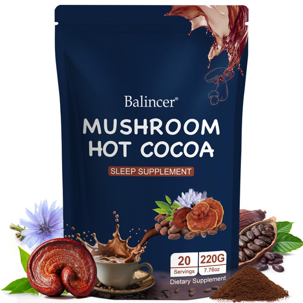 Balincer Mushroom Hot Cocoa Powder, Sleep Supplement with Reishi Mushroom, Melatonin, Glycine, Cacao, L-Theanine, Chicory, Supports Relaxation & Fall Asleep, Vegan, 20 Servings