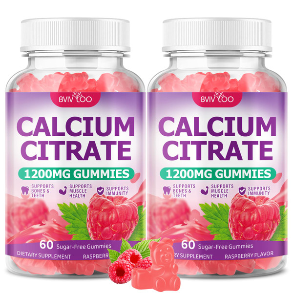 2 Packs High Absorption Calcium Citrate Gummies 1200mg - Bone & Teeth Support for Adults & Kids, Vegan, Non-GMO, Sugar-Free Gummies, Raspberry Flavor, 120 Count