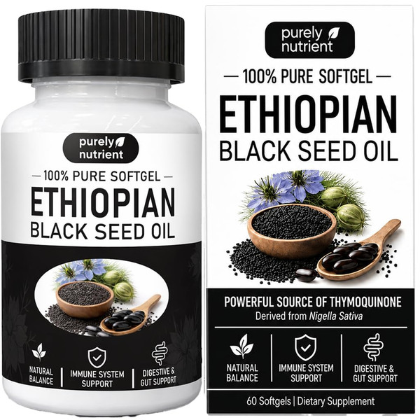 Peehss Purely Nutrient Ethiopian Black Seed Oil Capsules, Purely Black Seed Oil Organic Cold Pressed with 4.64% Thymoquinone, Aceite De Semilla Negra - 60 Softgels