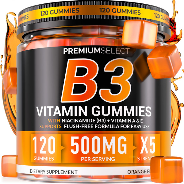 Premium Select Nutrition Vitamin B3 Gummies Niacinamide 500mg – Flush-Free Niacin Supplement with Vitamins A & E – 120 Vegan Gummies for Adults – Non-GMO, Sugar-Free, Gluten-Free – 2-Month Supply