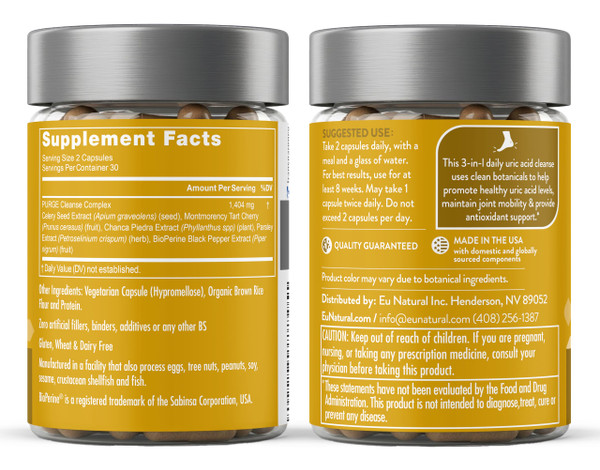 Eu Natural Purge Uric Acid Flush - Eat & Drink What You Want - Uric Acid Support for Joints & Mobility with Celery Seed, Tart Cherry & Chanca Piedra - 60 Vegetarian Capsules
