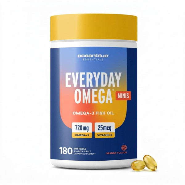 Oceanblue Essentials Everyday Omega Minis with Vitamin D3 - Burpless Fish Oil for Heart & Immune Support - Easy to Swallow - Orange Flavor - 180 Count (3 Month Supply)