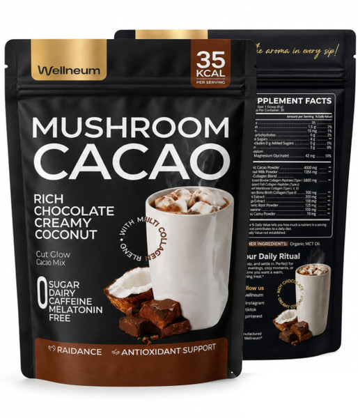 Mushroom Cacao Organic Powder Sugar Free - 1250mg Multi-Collagen Peptides Blend, Reishi, Chaga, Magnesium, L-Theanine, Turmeric & Camu Camu, 30 Servings (Packaging May Vary)