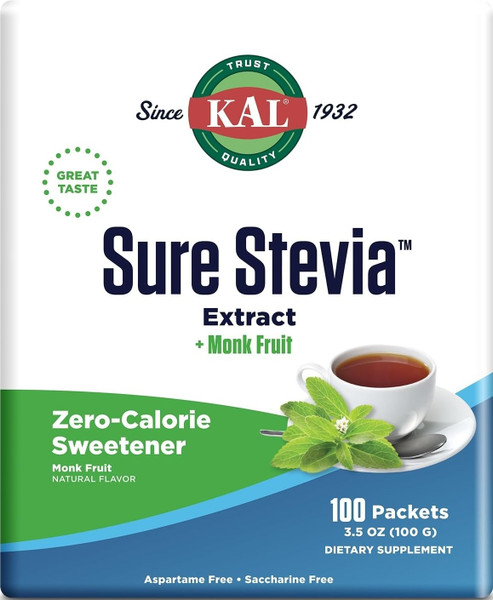 KAL Sure Stevia Plus Monk Fruit Packets, 100 Packets