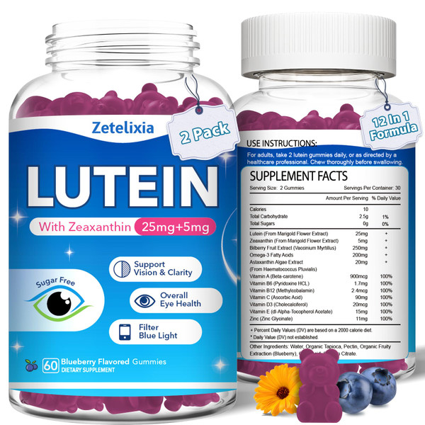 2 Pack Lutein Gummies, 12 in 1 Lutein and Zeaxanthin Supplements Eye Vitamins Gummies for Adults, Eye Health Supplement with Multiple Vitamin for Promoting Eye & Vision - 120 Gummies