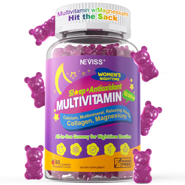 NEVISS Multivitamin for Women Gummies with Magnesium Glycinate 400mg, Hydrolyzed Collagen Gummy for Night Renewal/Sleep, Calcium D3K2, Antioxidant, Relax, Bone, Womens 18 30 40 50 60 70+ Daily Vitamin