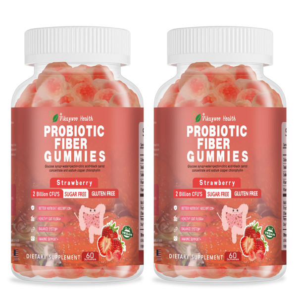 Vikaywoo Probiotic Fiber Gummies for Adults, No Sugar Added Strawberry Flavor– 2 Billion CFUs –Vitamin C,Vitamin D–Digestive Health & Regularity Support(120 Count)