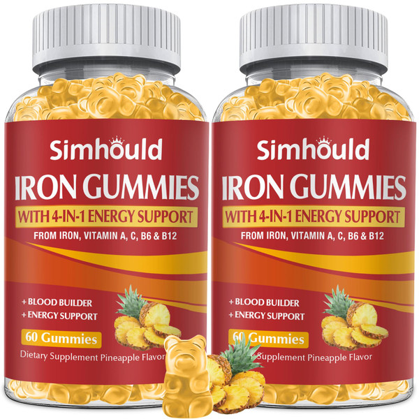 2 Pack Vegan 80MG Iron Supplement Gummies for Women & Men - Vitamin A, C, B for Adults & Kids - Blood & Builder & Energy Support for Iron Deficiency, Anemia, 120 Counts Pineapple Flavor Gummies