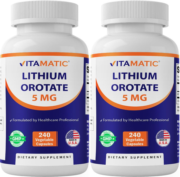 Vitamatic Lithium Orotate 5mg, 240 Veggie Capsules, Non-GMO, Gluten Free. - 2 Pack