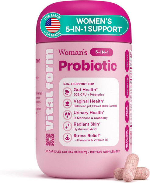 VitalForm Women’s Probiotic 20 Billion CFU – 5-in-1 Daily Support for Digestive, Vaginal & Urinary Health – with Cranberry, D-Mannose, Prebiotics & Hyaluronic Acid – 30 Capsules