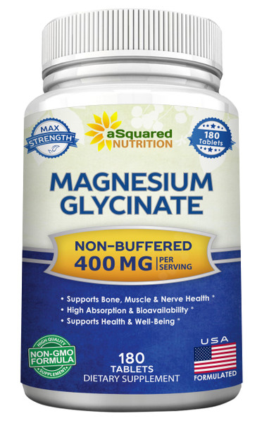 aSquared Nutrition Magnesium Glycinate 400mg - 180 Tablets - Max Strength Magnesium Bisglycinate Supplement -Maximum Bioavailability & Absorption-Non-GMO -Not Buffered-Supports Muscles, Bones & Heart