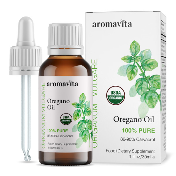 AROMAVITA Essential Organic Oil of Oregano-100% Pure Undiluted Greek Oregano Oil with Carvacrol - Over 86%, Non-GMO, Extra Strength Oregano Oil Organic Liquid Drops, 1 FL.OZ/30ml