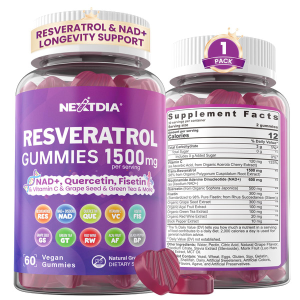 1500mg Resveratrol+NAD+ 600mg +Quercetin+Fisetin Gummies-Sugar Free,1 Pack