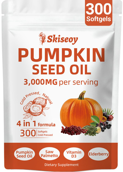 Pumpkin Seed Oil with Saw Palmetto, 300 Softgels 3000mg Cold Pressed & Pure Virgin Oil, Supports Hair, Urinary, Bladder & Prostate Health, Immune, Vegan, Non-GMO
