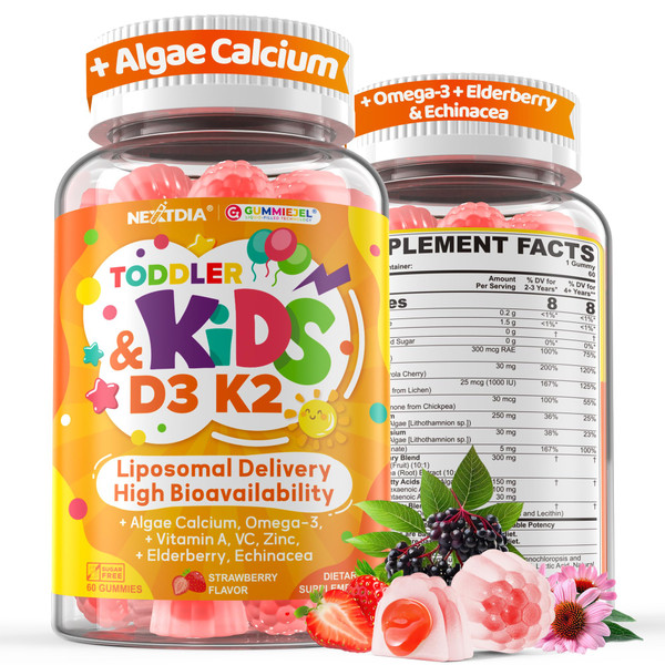 Nextdia Toddler 2-3 & Kids Vitamin D3 K2 + Calcium 500mg / 250mg Gummies