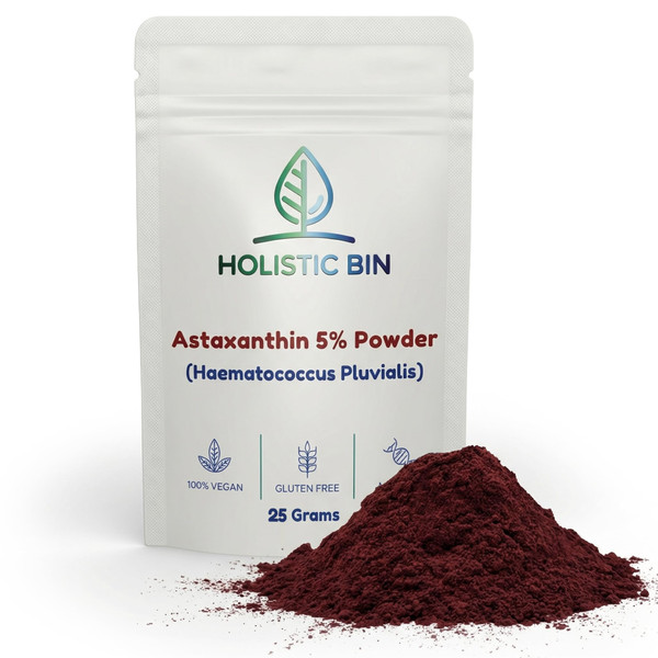 Holistic Bin Pacific Astaxanthin Powder | 5% Haematococcus Pluvialis | Lipid-Soluble Carotenoid for Skin, Eyes & Wellness | Pure & Non-GMO | Microalgae Powder for Smoothies, Juices & Soups | 25g