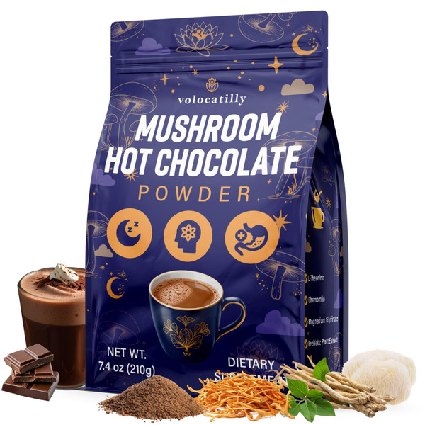 Mushroom Hot Cocoa with Magnesium Glycinate, Reishi, L-Theanine, Ashwagandha, Lemon Balm, Lavender, Cacao Powder Organic Hot Chocolate Supplement for Sleep, Relaxation, No Melatonin, Vegan, 7.4oz