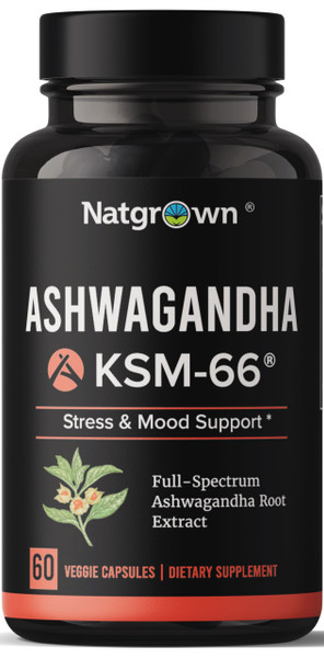 Natgrown KSM-66 Ashwagandha Capsules 600 mg for Men & Women - 60 Count