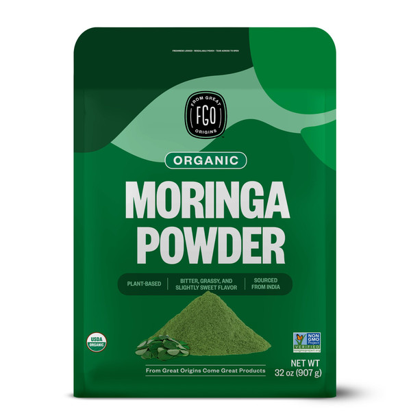 FGO Organic Moringa Oleifera Leaf Powder, 32oz Bulk Resealable Pouch, Sourced from India, Non-GMO, Packaging May Vary (Pack of 1)