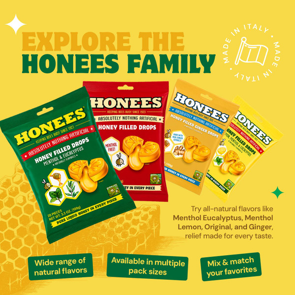 Honees Filled Menthol Cough Drops, Honey, Menthol & Eucalyptus Cough Drops- Natural Sore Throat Relief - Nothing Artificial -Throat Lozenges, Non-GMO (12 Pack –240 Drops)
