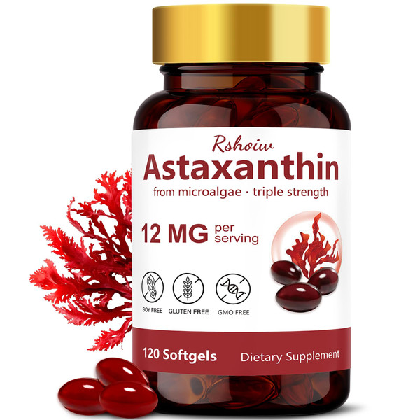Rshoiw Astaxanthin 12mg, 120 Softgels, 120 Day Supply | Natural Antioxidant from Haematococcus Pluvialis Microalgae, Non-GMO, Gluten Free, Soy Free