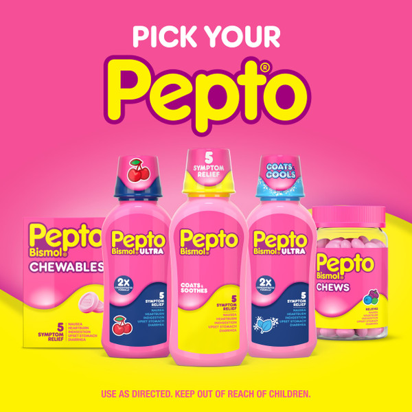 Pepto Bismol Chews, Upset Stomach Relief, Nausea Relief, Heartburn Relief, Indigestion Relief, Anti Diarrhea Medication for Adults - 5 Symptom Fast Relief, 72 Chewable Tablets (3x24 ct)