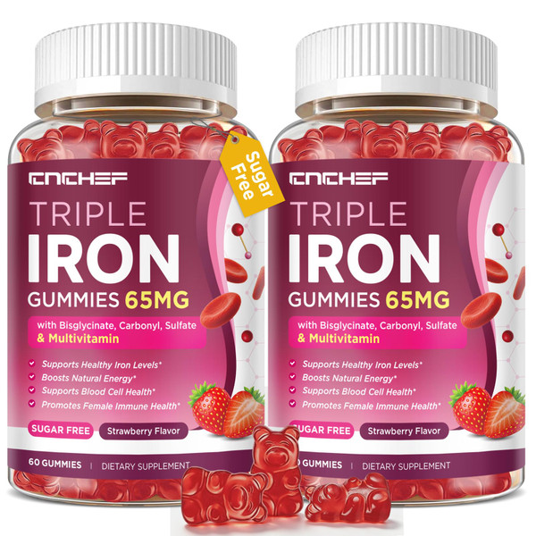 65mg Iron Gummies with Multivitamin, Iron Supplement for Women & Men with Calcium, Folate for Adults, Energy & Immune Health Support for Iron Deficiency, Sugar-Free, Strawberry Flavor, 120 Count