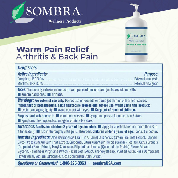 Sombra Warm Pain Relief Gel, Warm Relief for Arthritis and Chronic Pain Pre-Workout Muscle Rub Vegan Formula Free of Artificial Fragrances, Dyes, NSAIDs, Wax, Petroleum, Alcohol, 32oz Pump
