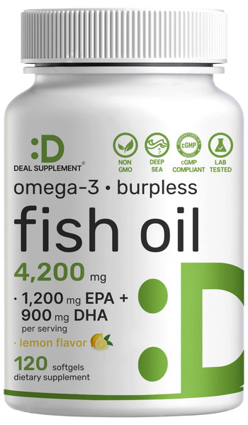 DEAL SUPPLEMENT Omega-3 Fish Oil 4,200 mg Per Serving, 120 Burpless Softgels | Deep Sea Fish | 1,200 EPA & 900 DHA | Lemon Flavor, No Fishy Aftertaste | Non-GMO