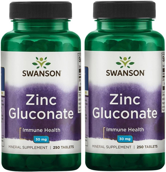 Swanson Zinc Gluconate - Mineral Supplement Promoting Prostate Health, Vision Health, & Immune Support -Gluconate Form for Optimal Absorption - (250 Tablets, 30mg Each) (2 Pack)